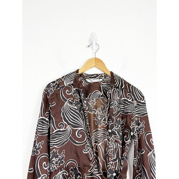 Zara Printed Wrap Midi Dress Size XS Brown Floral Satin Long Sleeve 9445/853/700 - Picture 4 of 14